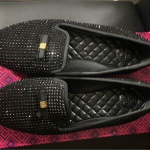 Black Studded Loafers with Bow Accent